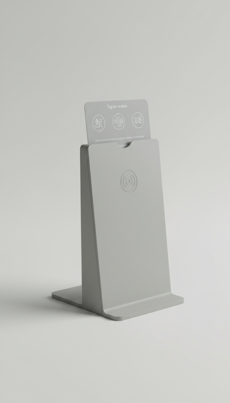 Mist grey Google review stand with instructional insert